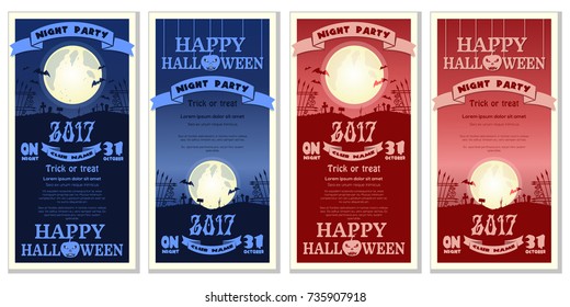 Happy Halloween 2017. Halloween flyer template set. Full moon over the cemetery. Vector illustration