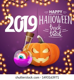 Happy Halloween 2019, greeting purple postcard with pumpkin Jack and witch's potion