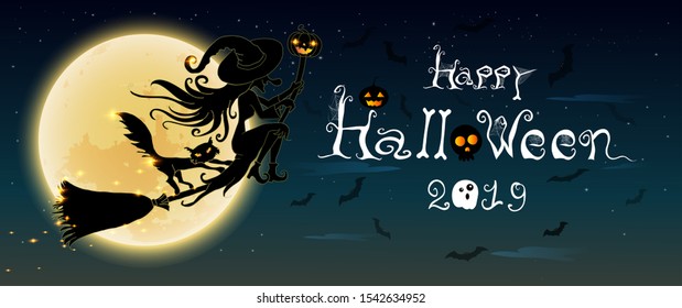 Happy Halloween 2019.The silhouette of witch flying on a broomstick with black cat and Halloween pumpkin  or jack o lantern, bats, spider web, ghost, skull with full moon and stars. 