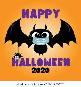 Happy Halloween 2020- Cute Bat And Spider In Facemask. Funny Greeting Card For Halloween In Covid-19 Pandemic Self Isolated Period.  