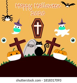 Happy Halloween 2020, Happy Halloween design elements in the COVID-19 situation.They must wear a mask on Halloween day.Vector illustration.