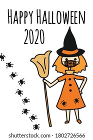 Happy Halloween 2020 greeting card template. Witch wearing a face mask and spiders. Stay home, social distancing design. Fully editable vector illustration for flyer, greeting card, social media post