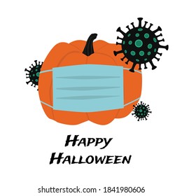 Happy Halloween 2020. Pumpkin with medical protection mask. Coronavirus quarantine concept. Vector element isolated on white background.