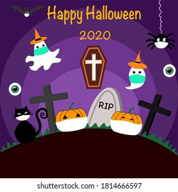 Happy Halloween 2020,Happy Halloween design elements in the COVID-19 situation.They must wear a mask on Halloween Day.Halloween banner.Vector illustration.