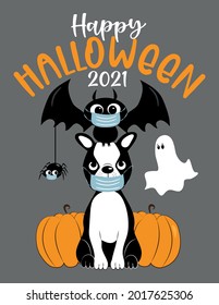 Happy Halloween 2021- cute boston terrier, bat, spider in facemask, and ghost and pumpkins. Funny greeting card for Halloween in covid-19 pandemic self isolated period.  