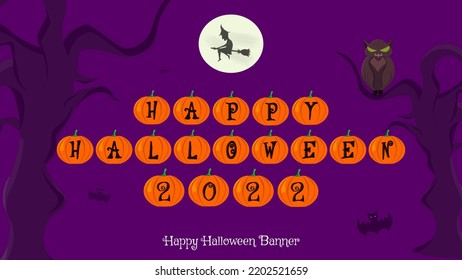 Happy Halloween 2022 banner design with purple background. Halloween concept design with owl, witch and bat.