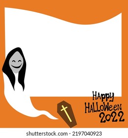 happy halloween 2022 photo border orange frame woman ghost decoration christian coffin with cross