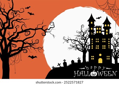 Happy Halloween 2024 Banner with Scary Castle, Fullmoon, Spider Web and Tomb Background. Perfect for Trick or Treat Celebrations, Holiday Parties, and October 31st Festivities