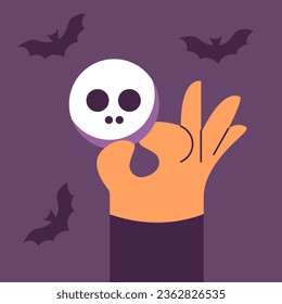 Happy Halloween 2024. Hand holds a skull. Flat vector illustration in cartoon style.