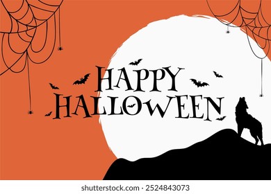 Feliz fiesta de Halloween 2024 con texto espeluznante y lobo bajo la ilustración de luna llena. Anuncio de Halloween, Fondo, Plantilla. 