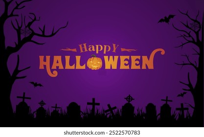 Happy Halloween 2024 Text Background with Pumpkin, Tombstones, and Spooky Background. Perfect for Trick or Treat Celebrations, Halloween Parties, and October 31st Festivities