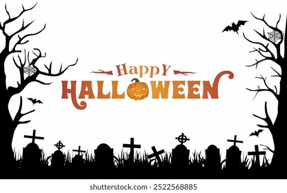 Happy Halloween 2024 Text Banner mit gruseligen Grab und Kürbis. Halloween Typografie Vorlage. Vektorgrafik eps