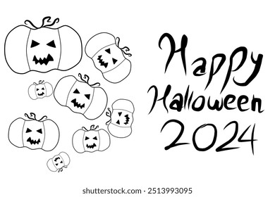 Happy halloween 2024 text with pumpkin scary face on white background hand drawn creative pen lettering design for holiday greeting card and invitation, flyers, posters, banner halloween holiday