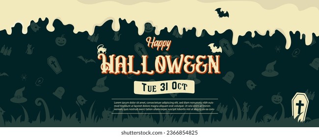 Happy Halloween 31 October, The background poster designed with Candles, Bats, a Witch Hat, and a cat vector illustration.