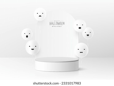 Happy halloween 3D abstract background. White cylinder podium with halloween balloon spooky face. Wall minimal scene mockup product display. Geometric platforms. Stage showcase. 3D Vector rendering.