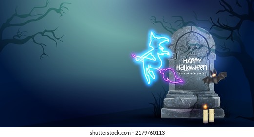 Happy Halloween 3d banner or party invitation background with glowing witch realistic grave on background Vector illustration. Dark forest, trees, bats