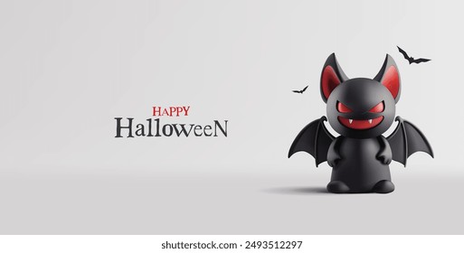 Alles Gute zu Halloween. 3D. Schwarz, aggressiv, stilisierte Fledermaus, Vampir. Stilvoller Banner für Werbung und Feiern. Vektorgrafik