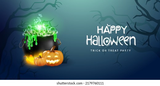 Happy Halloween 3d horizontal banner or party invitation background with pumpkins, witch's bowler hat on vector illustration background.