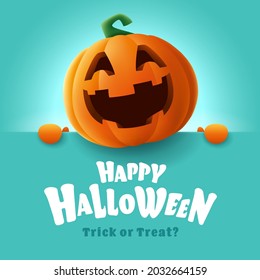 Happy Halloween. 3D illustration of cute Jack O Lantern orange pumpkin character with big greeting signboard on teal background.