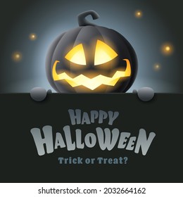 Happy Halloween. 3D illustration of cute glowing Jack O Lantern black pumpkin character with big greeting signboard on black background.