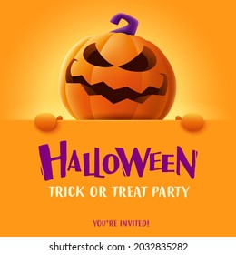 Happy Halloween. 3D illustration of cute Jack O Lantern orange pumpkin character with big greeting signboard on orange background.