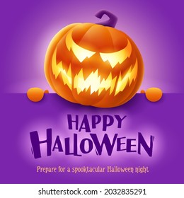 Happy Halloween. 3D illustration of cute glowing Jack O Lantern orange pumpkin character with big greeting signboard on purple background.