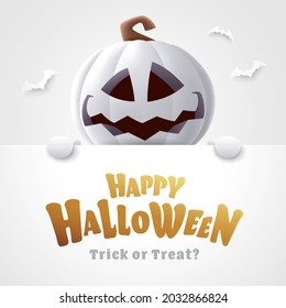 Happy Halloween. 3D illustration of cute Jack O Lantern white pumpkin character with big greeting signboard on white background.