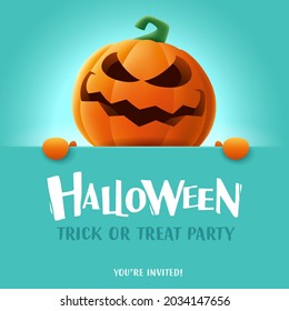 Happy Halloween. 3D illustration of cute Jack O Lantern orange pumpkin character with big greeting signboard on teal background.