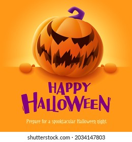 Happy Halloween. 3D illustration of cute Jack O Lantern orange pumpkin character with big greeting signboard on orange background.