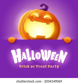 Happy Halloween. 3D illustration of cute glowing Jack O Lantern orange pumpkin character with big greeting signboard on purple background.