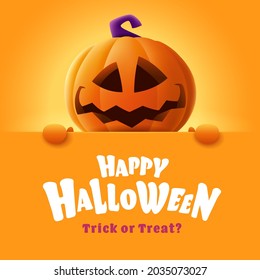 Happy Halloween. 3D illustration of cute Jack O Lantern orange pumpkin character with big greeting signboard on orange background.