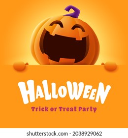 Happy Halloween. 3D illustration of cute Jack O Lantern orange pumpkin character with big greeting signboard on orange background.