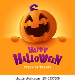 Happy Halloween. 3D illustration of cute Jack O Lantern orange pumpkin character with big greeting signboard on orange background.