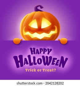 Happy Halloween. 3D illustration of cute glowing Jack O Lantern orange pumpkin character with big greeting signboard on purple background.