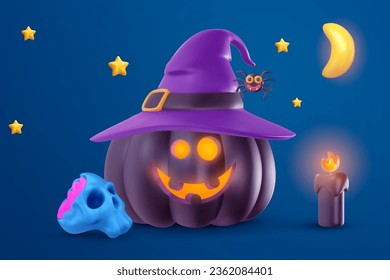 Happy halloween 3d illustration in cute realistic cartoon style. Pumpkin on witch hat with candy skull and candle. Festive color art composition for banner, cover, poster. Celebration concept design.