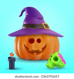 Happy halloween 3d illustration in cute realistic cartoon style. Pumpkin on witch hat with candy skull and candle. Festive color art composition for banner, cover, poster. Celebration concept design.