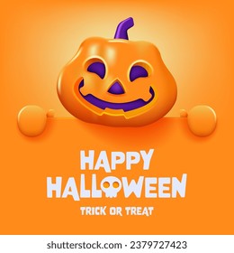 Happy Halloween. 3D illustration of cute Jack O Lantern orange pumpkin character with big greeting signboard on orange background.  Halloween Holiday Background. Vector Illustration