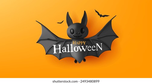 Happy Halloween. 3D image of a funny, scary bat on a bright orange background. For advertising the celebration of Halloween. Vector