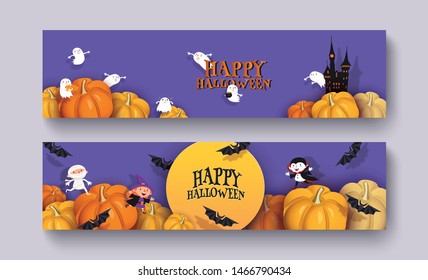 Happy Halloween 3d papercut design. Pumpkin, witch, castle, vampire, bat, mummy, ghoul, moon. Purple and orange horizontal festive background, banner with place for text. Set vector illustration