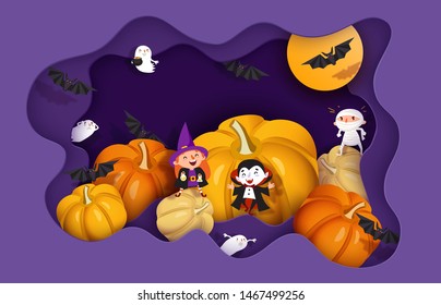 Happy Halloween 3d papercut layered design. Witch, ghoul, vampire, bat, pumpkin, mummy, ghost, moon. Purple and orange festive background. Vector illustration