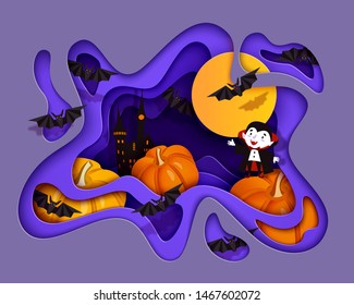 Happy Halloween 3d papercut layered design. Bat, pumpkin, castle, ghost, moon. Purple and orange festive background. Vector illustration