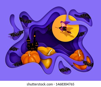 Happy Halloween 3d papercut layered design. Bat, witch, pumpkin, castle, ghost, moon. Purple and orange festive background. Vector illustration