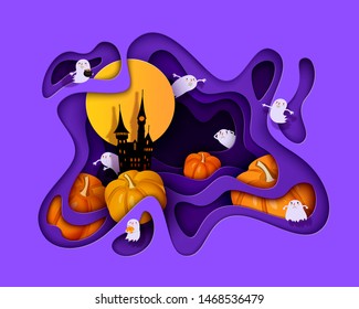 Happy Halloween 3d papercut layered design. Bat, witch, pumpkin, castle, ghost, moon. Purple and orange festive background. Vector illustration