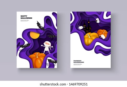 Happy Halloween 3d papercut layered design. Mummy, pumpkin, bat, castle, ghost, moon. Set of banners, flyers, posters with multilayered effect. Vector illustration A4