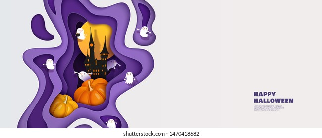 Happy Halloween 3d papercut layered design. Castle, pumpkin, moon, ghosts. Horizontal banner, flyer, poster with multilayered effect and place for text. Vector illustration