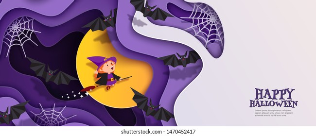 Happy Halloween 3d papercut layered design. Witch flies on broomstick. Moon, bats, spiderweb. Horizontal banner, flyer, poster with multilayered effect and place for text. Vector illustration