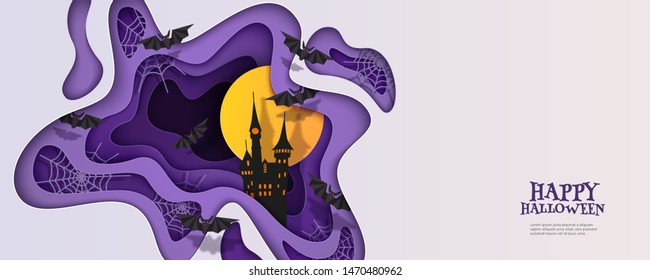 Happy Halloween 3d papercut layered design. Castle, moon, bats, spider web. Horizontal banner, flyer, poster with multilayered effect and place for text. Vector illustration