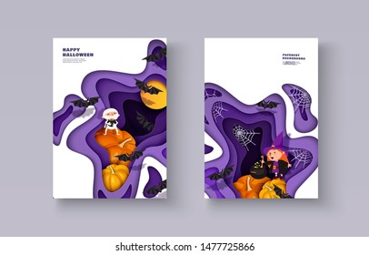 Happy Halloween 3d papercut layered design. Mummy, witch, pumpkin, bat, moon. Set of banners, flyers, posters, covers with multilayered effect. Vector illustration A4