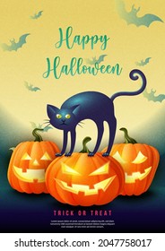 Happy halloween 3D realistic jack lantern black cat with full moon background