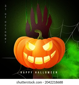 Happy halloween 3D realistic scary jack lantern and zombie hand scratch on the wall spider web green poison smoke